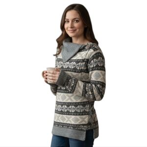 Vintage Heavy Wool Fair Isle Cowl Neck Funnel Sweater Gray Black Cabin Core L